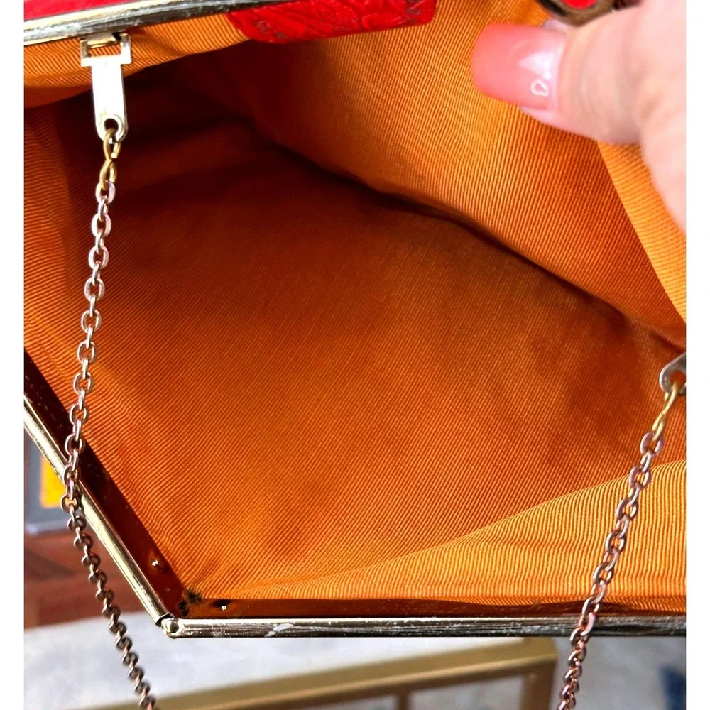 Vintage Red Embossed‎ Leather Clutch Bag Gold Chain Strap Floral Paisley Good